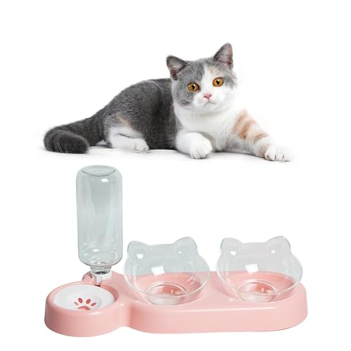 Katze Futternapf, Futternapf, Katzennäpfe, Katzennapf-Set, Katze Fressnapf mit Wasserspender Katze, Automatische Wasserflasche, Abnehmbarer Futternapf für Katzen und Hunde (Rosa) von Colrid