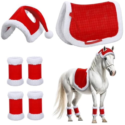 6PCs/Set Weihnachtskostüme beinhaltet Weihnachten Santa Red Horse Hut, 4pcs Horse Bein Wraps & Horse Sattel, weiche Dicke Plüsch -Weihnachtskostüme für Weihnachtspferde Dekor, Pferdebein Wraps, Pferd von Comebachome