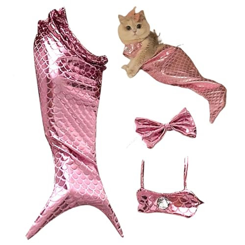 Comebachome Cat Mermaid Kostüm, 3pcs/Set Funny Cat -Kleidung mit Kopfschmuck, BH & Meerjungfrau Schwanz, Halloween Cat Mermaid -Outfit für Katze (Gewicht: 2,5 bis 6 kg) von Comebachome