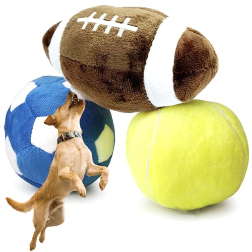 Comebachome Hundefußballspielzeug, 3pcs Plüschfußballspielzeug mit Fußballspielzeug- und Tennisbällen Spielzeug, quietschendes Fußballhundspielzeug für kleine und mittlere Hunde von Comebachome