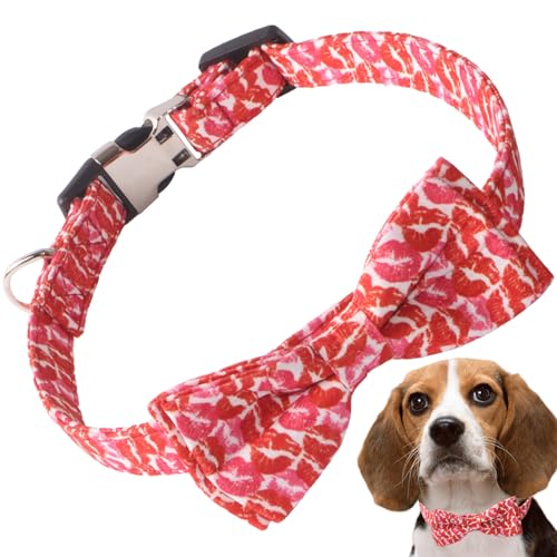 Hundehalsband mit Bogen, 14.2-21,7 Zoll Verstellbarer Hundehalsband mit D Ring, weicher Stoff Herzhundkragen, Valentinstag Hundekragen Haustier Geschenke von Comebachome