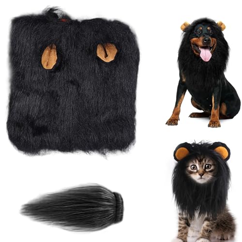 Löwe Mähne für Hund, lustiges Halloween Lion Kostüm für Hund, realistische Löwenperücke Kostüme mit Schwanz, Löwenmähne für Hunde Cosplay -Foto -Requisite (Größe L, Schwarz) von Comebachome