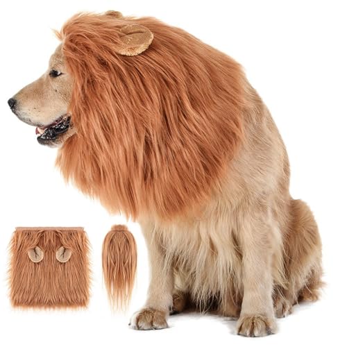 Löwe Mähne für Hund, lustiges Halloween Lion Kostüm für Hund, realistische Löwenperücke Kostüme mit Schwanz, Löwenmähne für Hunde Cosplay -Foto -Requisite (freie Größe, braun) von Comebachome
