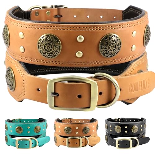 Hundehalsband aus echtem Leder, handgefertigt, langlebig, mit gepolstertem Futter, für große Hunde, verstellbar, luxuriös, dick, Nieten, bestes Designer-Hundehalsband aus Leder mit Messingschnalle für von Comfluxe