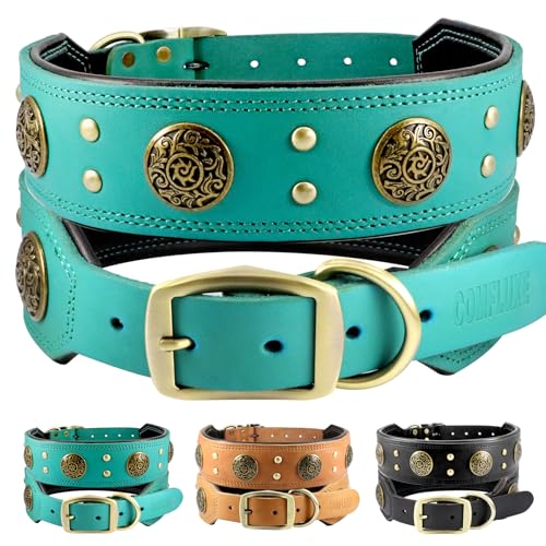 Leder-Hundehalsband, 5,1 cm breit, strapazierfähig, robust, echtes Leder, mit weich gepolstertem Futter, handgefertigt, luxuriöses klassisches Zubehör, beste Wahl für große und mittelgroße Hunde von Comfluxe