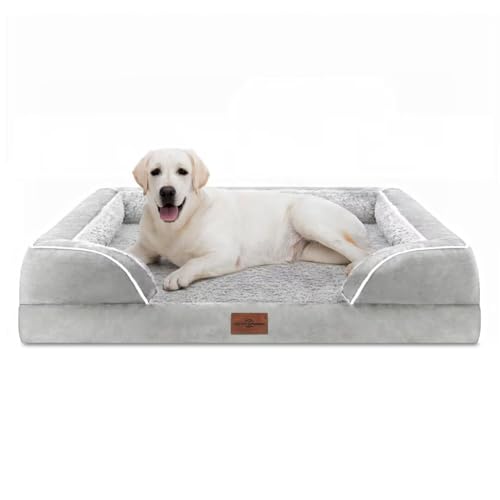 Comfort Expression Jumbo-Hundebett für extra große Hunde, wasserdicht, orthopädisches Jumbo-Rassen-Hundebett, PV, waschbar, mit abnehmbarem Bezug und rutschfester Unterseite (Jumbo, Grau-Weiß) von Comfort Expression