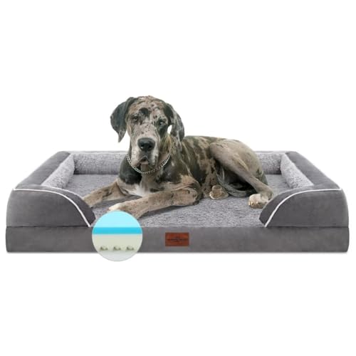 Comfort Expression Kühlendes XXL Hundebett Orthopädischer Memory-Schaum für Riesenhunde Wasserdicht mit Nackenrolle & abnehmbarem Bezug (XX-Large, Silbergrau) von Comfort Expression