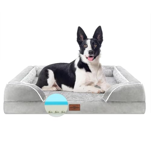 Comfort Expression Orthopädisches Hundebett aus Memory-Schaum, kühlend, wasserdicht, waschbar mit abnehmbarem Bezug, Haustierbett, Hundesofa mit Nackenrolle (groß, Hellgrau) von Comfort Expression