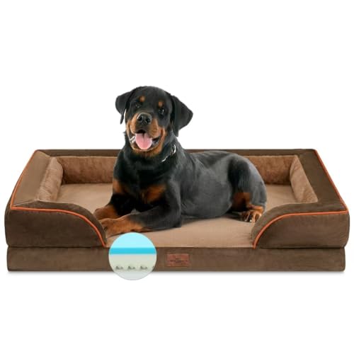 Kühlendes Hundebett aus Memory-Schaum, Jumbo-Hundebett für extra große Hunde, orthopädisches Jumbo-Hundebett, wasserdichtes Hundebett mit Nackenrolle und abnehmbarem Bezug (Jumbo, Khakibraun) von Comfort Expression