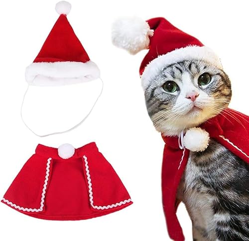 Haustier Weihnachtskostüm Hunde Katzen Weihnachten Outfit Haustier Weihnachtskleidung Leicht Verstellbarer Umhang mit Weihnachtsmannmütze für Kleine Hunde Katzen Haustier von Comioke