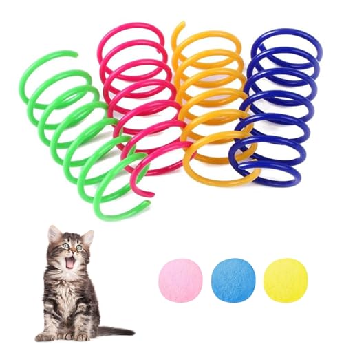 Kunststoff Spiralfedern, Bunte Spiralfedern, 4 Stück Interaktives Spirale Katzenspielzeug, Katzen Spielzeug Frühling, Katze Spielzeug Bunte Spirale, Bunte Spirale Cat Mit 3 Pompons Für Katzen von Comioke