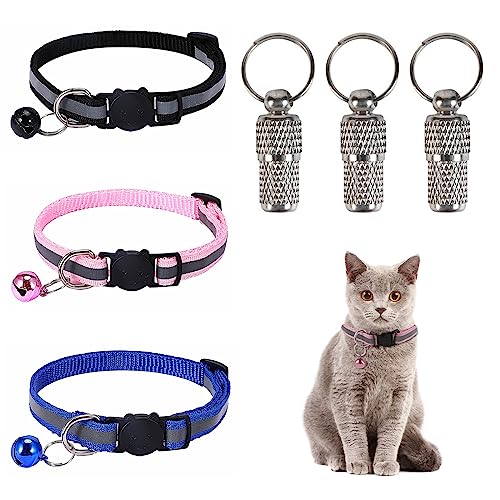 Reflektierendes Katzen Halsband Verstellbares,Adresskapsel,3 Stück Katzen Halsband,Reflektierend Katzenhalsband Mit Sicherheitsverschluss Und Glöckchen,Adressanhänger Für Hunde Katzen,Katzenhalsband von Comioke