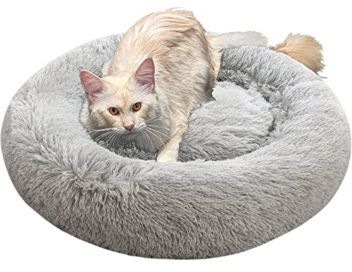 Comlax Beruhigende Donut Hundebetten XXL, Rundes Kissen mit abnehmbarem waschbarem Bezug, Anti-Angst-Kunstfell-Kuscheltier, Flauschiges, bequemes, pelziges Haustierbett (100cm, Silber) von Comlax