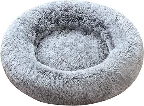 Comlax Beruhigende Donut Hundebetten Großer, Rundes Kissen mit abnehmbarem waschbarem Bezug, Anti-Angst-Kunstfell-Kuscheltier, Flauschiges, bequemes, pelziges Haustierbett (70cm, Grau) von Comlax