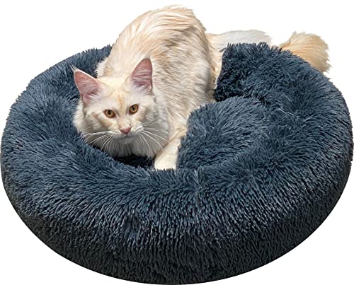 Comlax Beruhigendes Donut-Hundebett, rundes Kissen mit abnehmbarem, waschbarem Bezug, Anti-Angst-Kunstfell, flauschig, bequem, pelzig, 58,4 cm, Dunkelgrau, 58,4 cm von Comlax