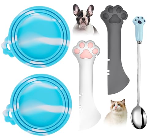 Comtim 5-teiliges Dosendeckel- und Löffel-Set für Tierfutter – Silikon-Deckel für Hunde- und Katzenfutter, multifunktionaler Löffel, Spatel, Dosenöffner für Nassfutter, langer Griff, Löffel, einfach von Comtim