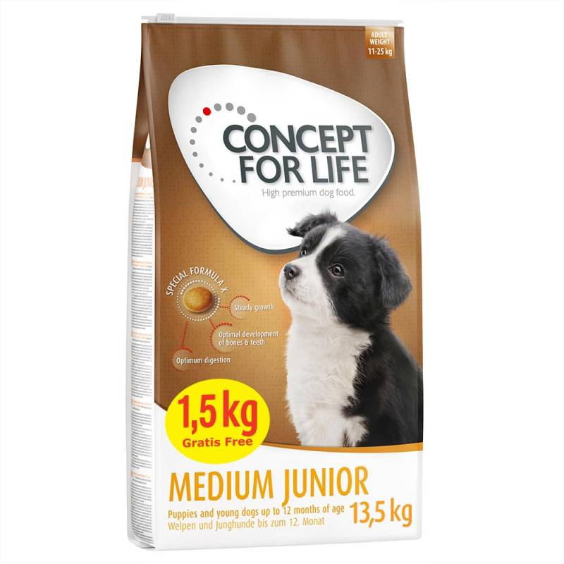 12 + 1,5 kg gratis! 13,5 kg Concept for Life für Hunde im Bonusbag - Medium Junior (12 + 1,5 kg) von Concept for Life