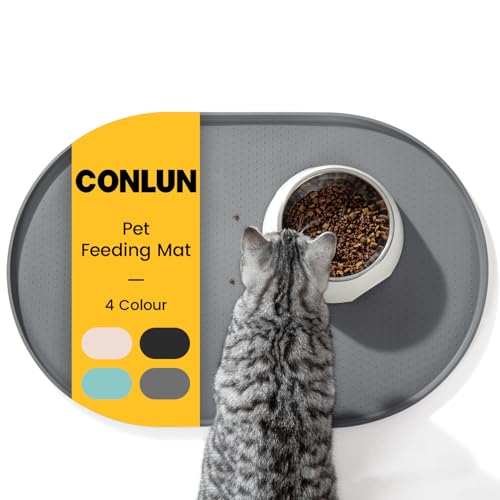 Conlun Napfunterlage Hund,1,2cm Hohe Ränder Futtermatte Katzen zur Vermeidung von Verschüttungen,BPA-Freie Silikonmatte mit Rand Gummi-Hundenapf Unterlage für Futter- und Wassernäpfe(Grau,60x40cm) GR von Conlun