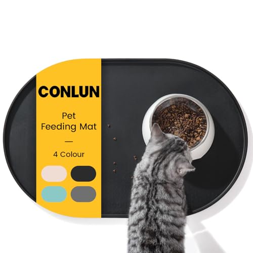 Conlun Napfunterlage Hund,1,2cm Hohe Ränder Futtermatte Katzen zur Vermeidung von Verschüttungen,BPA-Freie Silikonmatte mit Rand Gummi-Hundenapf Unterlage für Futter- und Wassernäpfe(Schwarz,81x51 cm) von Conlun