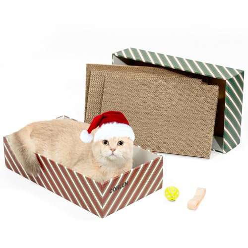 Conlun Katzenkratzbox mit 4 Kratzbretter Katze & 2 Separaten Katzen Kartons & 1 Katzenball, 2-in-1 Kratzpappe für Katzen zum Kratzen & Ausruhen, Ideales Weihnachten Geschenke & Katzenspielzeug Set von Conlun