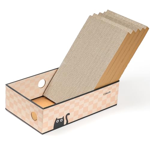 Conlun 5er-Pack Kratzbrett Katze mit Box, Großes Beidseitiges Design, Interaktive Öffnungen, Sauber & Langlebig, Kratzpappe für Katzen, Möbelschutz (Groß, Schachbrett) von Conlun