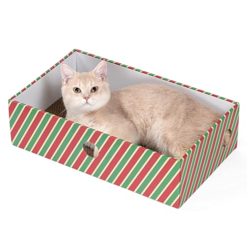 Conlun Kratzbrett Box mit Kratzpappe, Tragbares 3-Schicht Wellpappe Kratzbretter Katze, Dickem Karton Katzenbett, Weihnachten Geschenke, Katzenspielzeug, Zuckerstangen (Groß) von Conlun