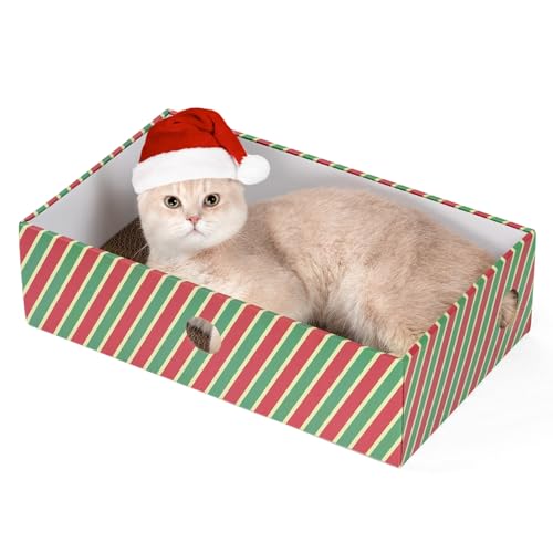 Conlun Kratzbrett Box mit Kratzpappe, Tragbares 3-Schicht Wellpappe Kratzbretter Katze, Dickem Karton Katzenbett, Weihnachten Geschenke, Katzenspielzeug, Zuckerstangen (Groß) von Conlun