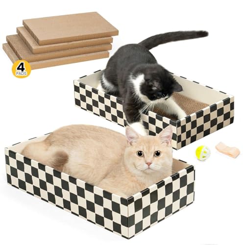 Conlun Katzenkratzbox mit 4 Kratzbretter Katze & 2 Separaten Katzen Kartons & 1 Katzenball, 2-in-1 Kratzpappe für Katzen zum Kratzen & Ausruhen, Katzenspielzeug Set von Conlun