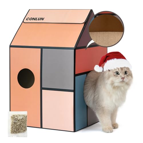 Conlun Katzenhaus Pappe mit Kratzbretter Katze&Katzenminze, Einfach zu Montierendes Katzen Kratzmöbel für Verschiedene Wohnkultur, Kratzbrett Katzenhöhle für Indoor-Katzen&Kleine Tiere zum Geburtstag von Conlun