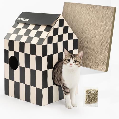 Conlun Katzenhaus Pappe mit Kratzbretter Katze&Katzenminze, Einfach zu Montierendes Katzen Kratzmöbel für Verschiedene Wohnkultur, Kratzbrett Katzenhöhle für Indoor-Katzen&Kleine Tiere zum Geburtstag von Conlun