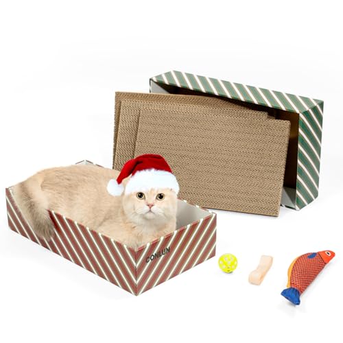 Conlun Katzenkratzbox mit 4 Kratzbretter Katze&2 Separaten Katzen Kartons&1 Katzenball&1 Katzenspielzeug Fisch, 2-in-1 Kratzpappe für Katzen zum Kratzen&Ausruhen, Ideales Weihnachten Geschenke Set von Conlun