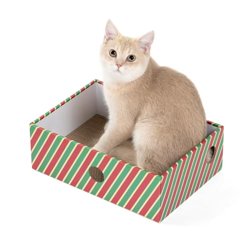 Conlun Kratzbrett Box mit Kratzpappe, Tragbares 3-Schicht Wellpappe Kratzbretter Katze, Dickem Karton Katzenbett, Weihnachten Geschenke, Katzenspielzeug, Zuckerstangen (Mittel) von Conlun