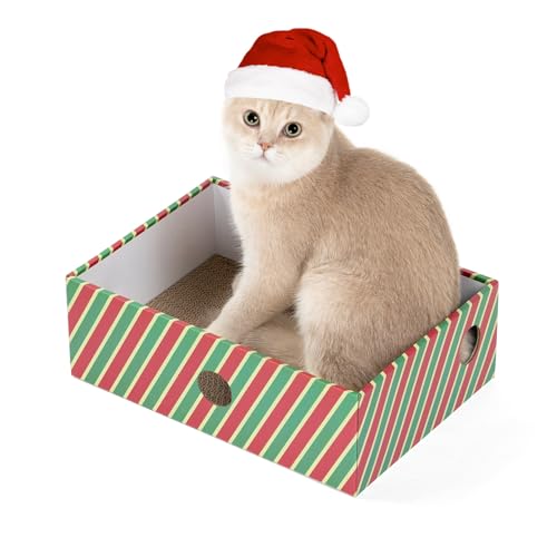 Conlun Kratzbrett Box mit Kratzpappe, Tragbares 3-Schicht Wellpappe Kratzbretter Katze, Dickem Karton Katzenbett, Weihnachten Geschenke, Katzenspielzeug, Zuckerstangen (Mittel) von Conlun