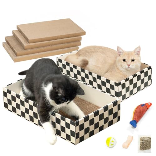 Conlun Katzenkratzbox mit 4 Kratzbretter Katze&2 Separaten Katzen Kartons&1 Katzenball&1 Katzenspielzeug Fisch, 2-in-1 Kratzpappe für Katzen zum Kratzen&Ausruhen, Set von Conlun