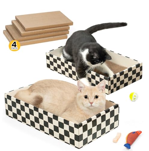 Conlun Katzenkratzbox mit 4 Kratzbretter Katze&2 Separaten Katzen Kartons&1 Katzenball&1 katzenminze Spielzeug, 2-in-1 Kratzpappe für Katzen zum Kratzen&Ausruhen, Set von Conlun