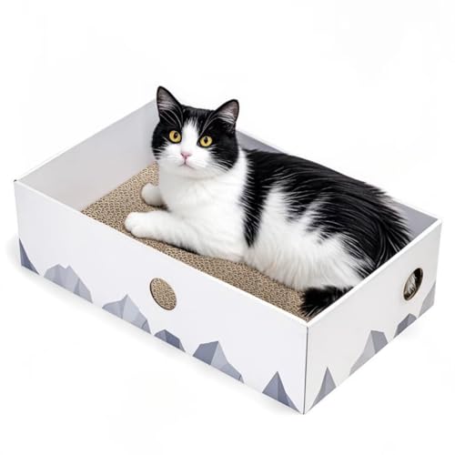 Conlun Katzen Kratzbrett mit Box, Großes Kratzmöbel, Beidseitige Kratzpappe für Katzen, Interaktive Öffnungen, Kratzbett für Wohnungskatzen, mit Katzenminze (1 Stück, Groß, Weiß) von Conlun