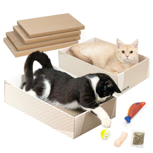 Conlun Katzenkratzbox mit 4 Kratzbretter Katze&2 Separaten Katzen Kartons&1 Katzenball&1 Katzenspielzeug Fisch, 2-in-1 Kratzpappe für Katzen zum Kratzen&Ausruhen, Set von Conlun