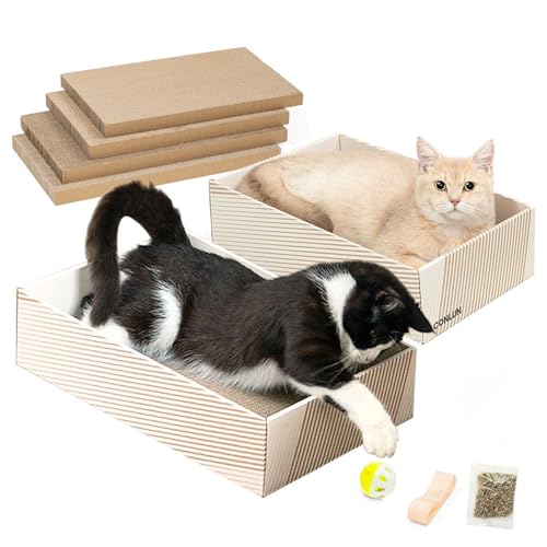 Conlun Katzenkratzbox mit 4 Kratzbretter Katze & 2 Separaten Katzen Kartons & 1 Katzenball, 2-in-1 Kratzpappe für Katzen zum Kratzen & Ausruhen, Katzenspielzeug Set von Conlun