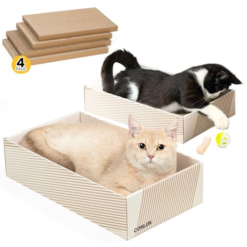 Conlun Katzenkratzbox mit 4 Kratzbretter Katze & 2 Separaten Katzen Kartons & 1 Katzenball, 2-in-1 Kratzpappe für Katzen zum Kratzen & Ausruhen, Katzenspielzeug Set von Conlun