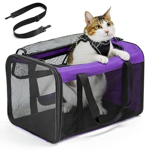 Conlun Katzentransportbox,Weiche Katzentransporttasche mit 4-seitigem Netz, Flugzeugtaugliche Katzentasche für Kleine&Mittelgroße Katze Kätzchen Welpen bis 6 Kg, Hundetransportbox Faltbar-M, Lila von Conlun