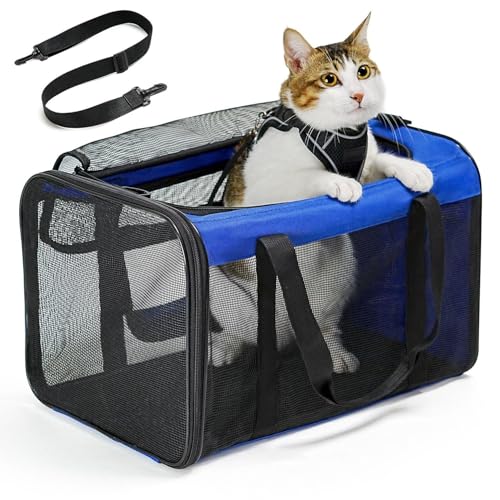 Conlun Katzentransportbox,Weiche Katzentransporttasche mit 4-seitigem Netz, Flugzeugtaugliche Katzentasche für Kleine&Mittelgroße Katze Kätzchen Welpen bis 6 Kg, Hundetransportbox Faltbar-M, Blau von Conlun