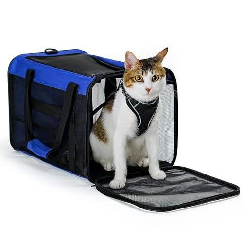 Conlun Katzentransportbox,Weiche Katzentransporttasche mit 4-seitigem Netz, Flugzeugtaugliche Katzentasche für Kleine&Mittelgroße Katze Kätzchen Welpen bis 6 Kg, Hundetransportbox Faltbar-M, Blau von Conlun