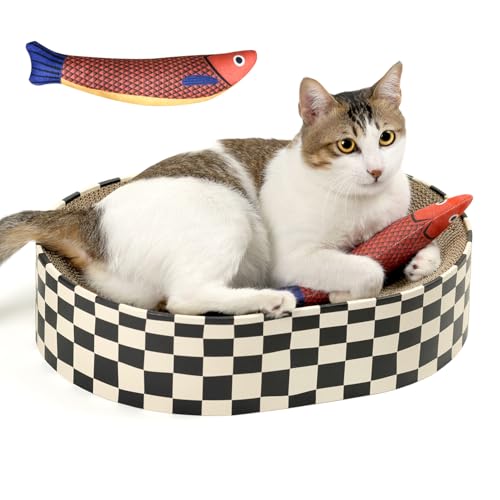 Conlun Kratzbrett Katze, Oval Kratzpappe für Katzen, Katzenbett aus Wellpappe, Lounge-Schale für Katzen zum Spielen und Ruhen, Geburtstag&Feiertage(Kratzbretter&Fisch Spielzeug) von Conlun