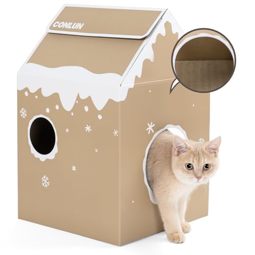 Conlun Kratzbrett Katze Katzenhaus Pappe mit Kratzpappe & Katzenminze, Schnelle Montage Katzenspielzeug Kratzen & Ruhen, Katzenhöhle Katzenhütte Karton Katzenbett Ideal für Weihnachten Lebkuchen Haus von Conlun