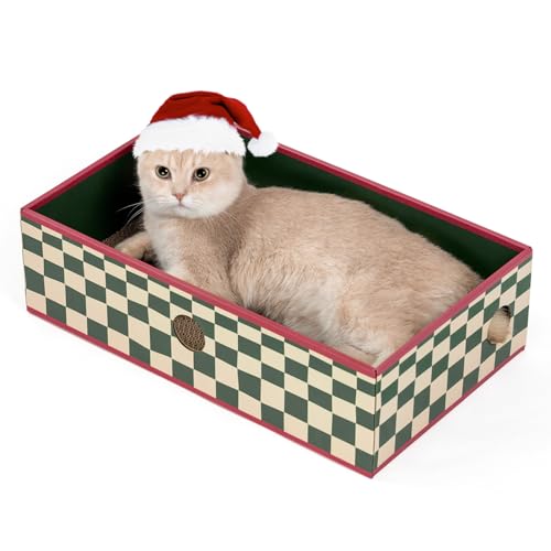 Conlun Kratzbrett Box mit Kratzpappe, Tragbares 3-Schicht Wellpappe Kratzbretter Katze, Dickem Karton Katzenbett, Weihnachten Geschenke, Katzenspielzeug, Karomuster (Groß) von Conlun