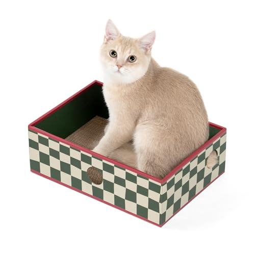 Conlun Kratzbrett Box mit Kratzpappe, Tragbares 3-Schicht Wellpappe Kratzbretter Katze, Dickem Karton Katzenbett, Weihnachten Geschenke, Katzenspielzeug, Karomuster (Mittel) von Conlun