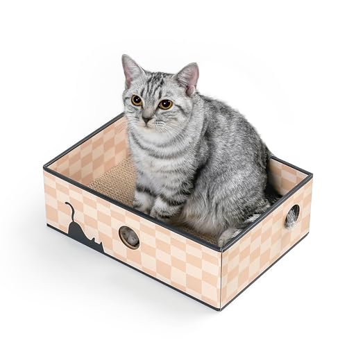 Conlun Kratzbrett Katze mit Box, Langlebige Kratzpappe für Katzen, Beidseitig Nutzbar, Interaktive Öffnungen, Sauberes Kratzmöbel für Wohnungskatzen (1 Stück, Mittel, Schachbrett) von Conlun