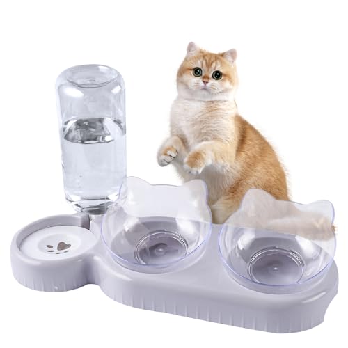 Katzennapf 3er Set, 3-in-1 Katze Futternapf und Wassernapf Set, Doppel-Katzennäpfe mit Wasserspender für Haustiere, 15 ° Kippbare Katzennapf Erhöht für Kleine,Mittelgroße Hunde Katzen von Connextion