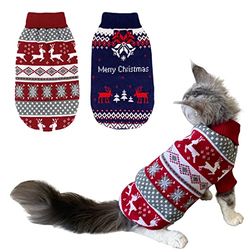 CooShou 2 Stück Hunde-Weihnachtspullover Katze Weihnachten Pullover Katze Hund Strickwaren Pullover Xmas Haustier Kleidung Winter Warm Rentier Schneeflocke Frohe Weihnachten Katzen Pullover für kleine, mittelgroße Katzen Hunde L von CooShou