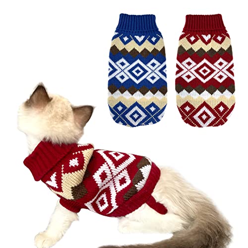 CooShou 2 Stück Weihnachten Hundekleider Hund Pullover Kostüm Katze Strickwaren Hund Xmas Kleidung Blau Weihnachten Rot Pullover mit Diamant Plaid Muster für Kätzchen Katze Welpen Hund L von CooShou